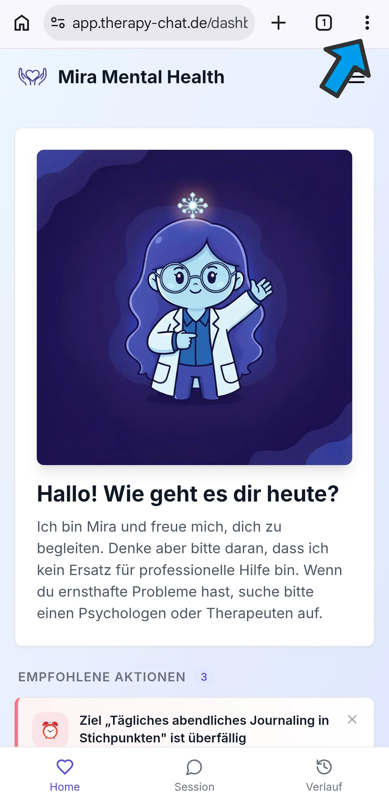 Schritt 1: Mira in Chrome öffnen und Drei-Punkte-Menü tippen